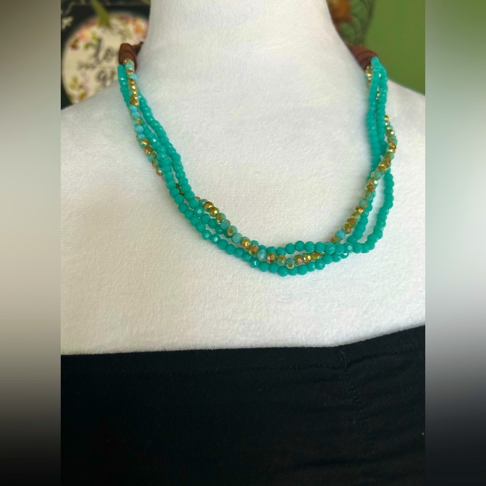 Wrap Bracelet OR Necklace Aqua/Sand Triple Strand & Suede Leather 23.5”long